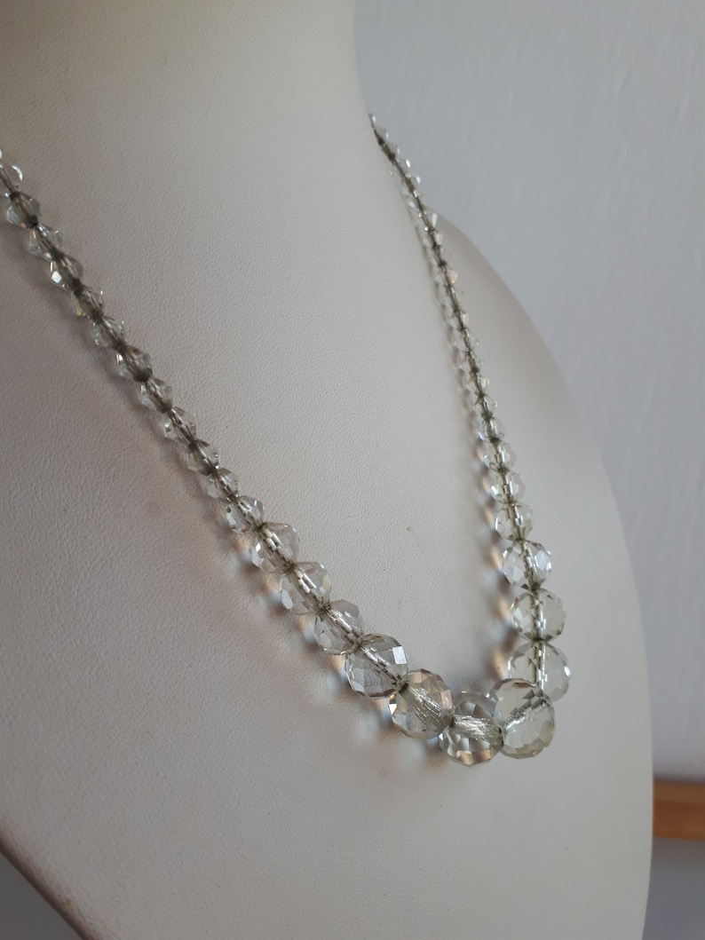 ART DECO finely hand faceted rock crystal beaded graduated necklace strung on silver chain