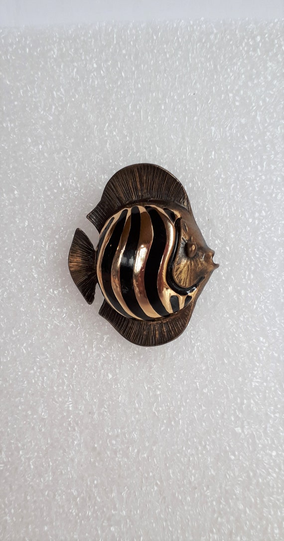 Fish brooch pin, Vintage signed gold metal antique