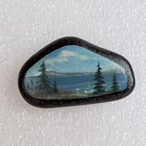 Vintage 1979 hand painted stone sweetheart brooch pin with Bic Quebec landscape blue river green trees