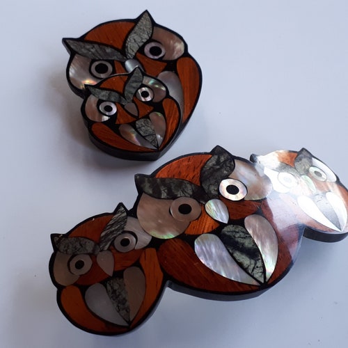 Newer worn Vintage LEE SAND jewelry set 3 owl hair shops barrette and brooch pin MOP mother of pearl wood fossil coral inlaid
