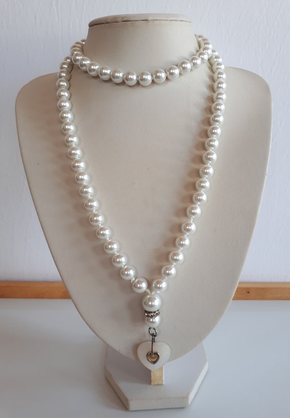 Long glass white lustrous faux pearl sterling silv