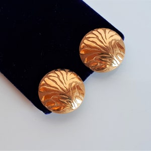 Large Vintage LANVIN Germany Designer Couture gold plate domed button clip earrings abstract tree high relief design image 3