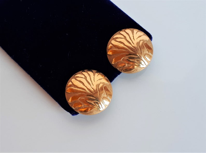 Large Vintage LANVIN Germany Designer Couture gold plate domed button clip earrings abstract tree high relief design image 3