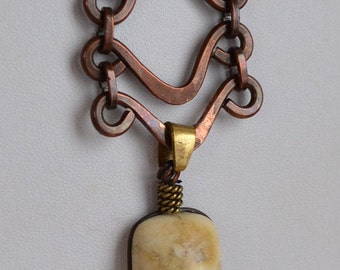 Vintage 70's OOAK hand carved marbled cream stone pendant and copper brass necklace