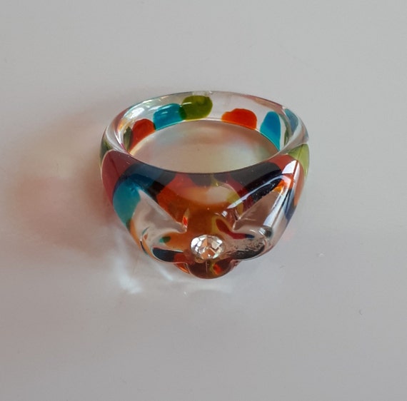 Clear lucite ring with multicolor dots and rhinest