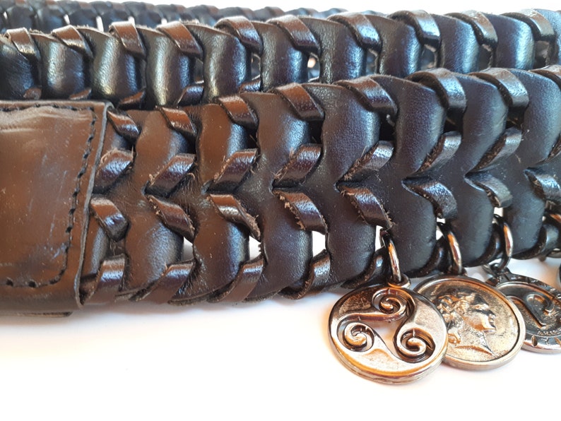Vintage Statement BOHO couture braided black leather gun metal filigree buckle dangle charms women's belt image 4