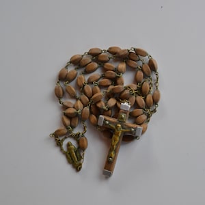 Vintage signed Italy natural brown wood and brass Catholic Rosary Miraculous medal center piece