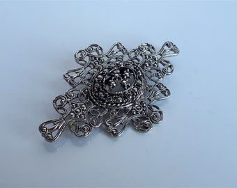 Large vintage Victorian revival silver metal filigree sash brooch pin