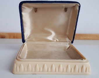 Big Antique Art Deco dark blue velvet cream satin cream celluloid base jewelry box for necklace bracelet wristwatch empty