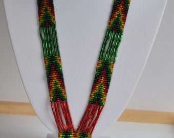 collier vintage de graines de verre perlé SUD-OUEST avec franges vert or noir rouge