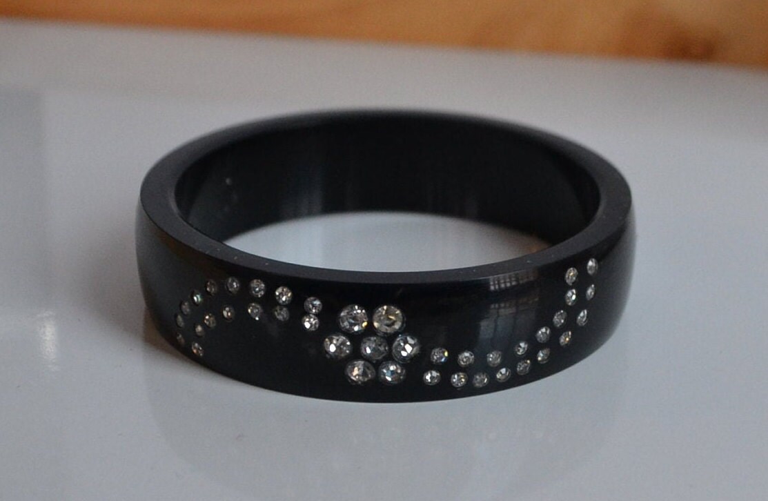 Black Resin Plastic Encrusted Rhinestones Bangle Bracelet With - Etsy