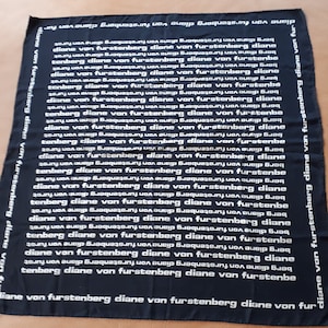 Vintage DIANE VON FURSTENGERG black silk square scarf with designer&#39;s name logo cream color print