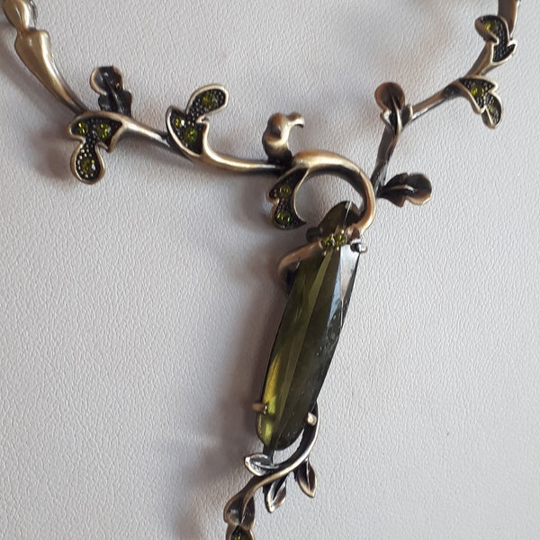 Art Nouveau revival brass and green crystal bib necklace huge open back pendant