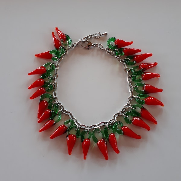 Gorgeous vintage lucky red pepper green branch pate de verre lampwork molded glass charm bracelet amulet