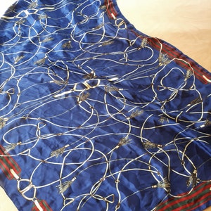 Enormous classic blue silk viscose stole shawl wrap scarf with tassel belt knot print red green cream accent