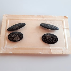 nunca se usaron antiguos niello victorianos plateados gemelos gemelos con uvas talladas a mano y diseño de hojas en la tarjeta original