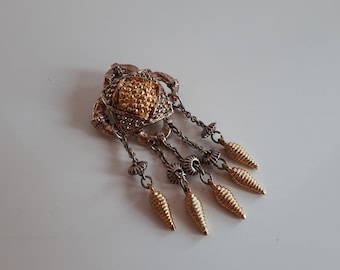 large Vintage DESIGNER Couture Victorian revival gold silver metal dangle brooch pin with fringes