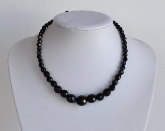 Vintage Black Crystal Choker Necklace, French Jet Glass Bead