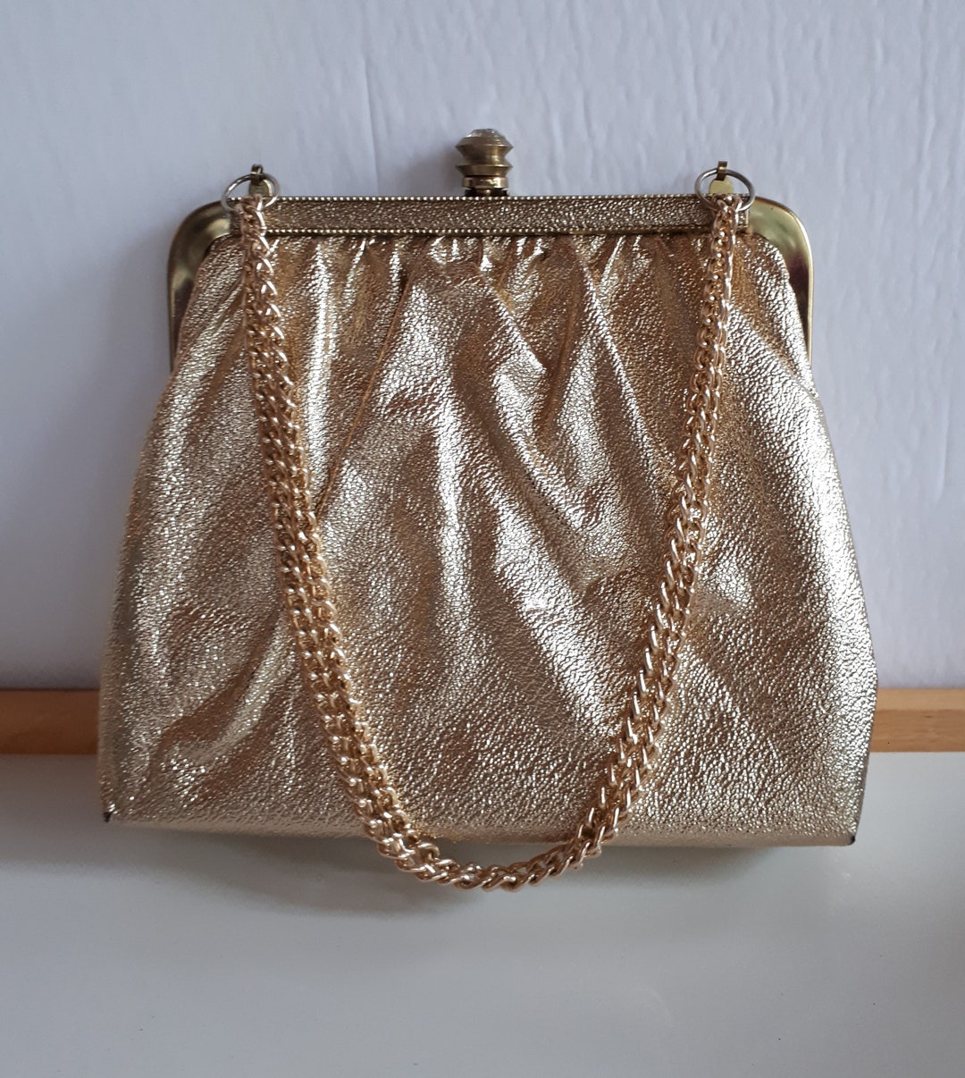 Vintage 50s 60s Gold Metallic Evening Bag Rhinestone Handle Clutch Purse 60 main image 3