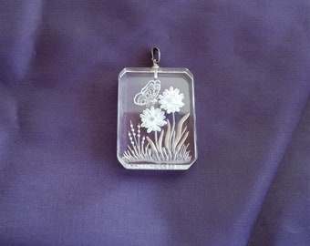 Vintage carved clear lucite pendant, Vintage clear transparent plastic reverse carved flowers and butterfly rectangular pendant,