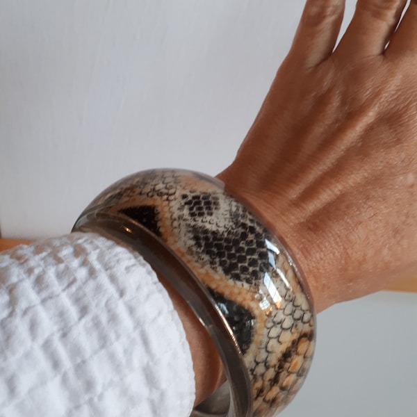 RUNWAY massive transparent lucite plastic embedded snakeskin animal print Bangle Bracelet large size