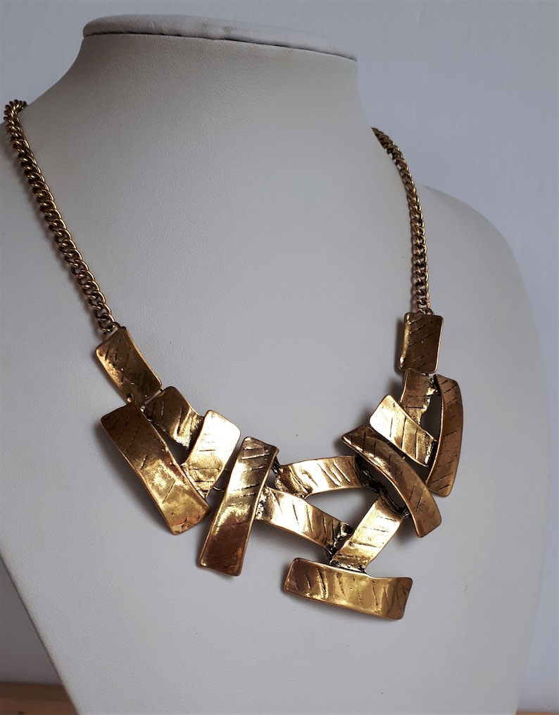 Designer modernist gold metal bib necklace Big Vintage textured gold tone metal sculptural bib necklace sculptural necklace,