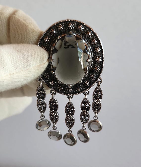 Superb Vintage GOLDETTE signed open back Smokey quartz crystal cannettile silver metal frame oval brooch pin bezel set dangle fringes