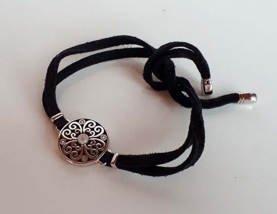 CAROLINE NERON Designer Montreal Canada black suede bracelet silver black enamel quatrefoil clover medallion bracelet, designer bracelet,