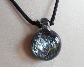 blue gold foil iridescent lampwork art glass round domed pendant necklace