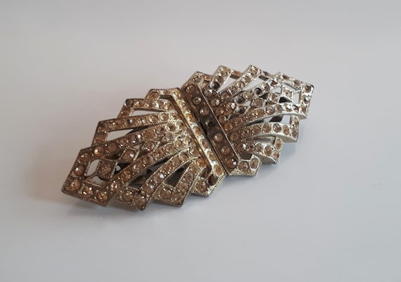 Broche Art Déco Rectangulaire - Métal Gris Argenté Et Strass Cristal - Vintage