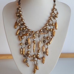 Statement Dirberg Kern Denmark signed golden baroque saltwater pearls faux pearl crystal bib waterfall pectoral Necklace