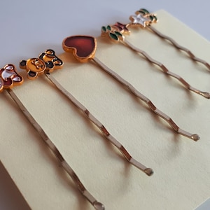 NOS vintage Lot 5 pcs cloisonné enamel hair pin with teddy bear heart flower