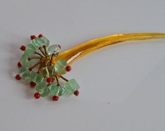 Unique large vintage ORNA LALO Israel honey lucite hair pin Japanese Geisha style with green red dangle charms