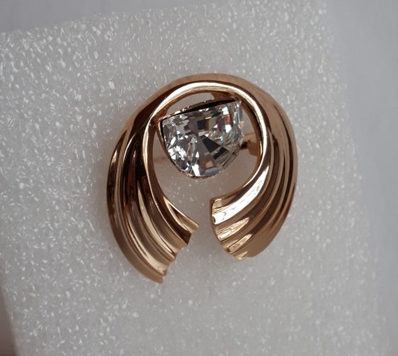 Broche Vintage Signée ORENA PARIS - Fleur Dorée Et émaillée Noire - Occasion En Bon état