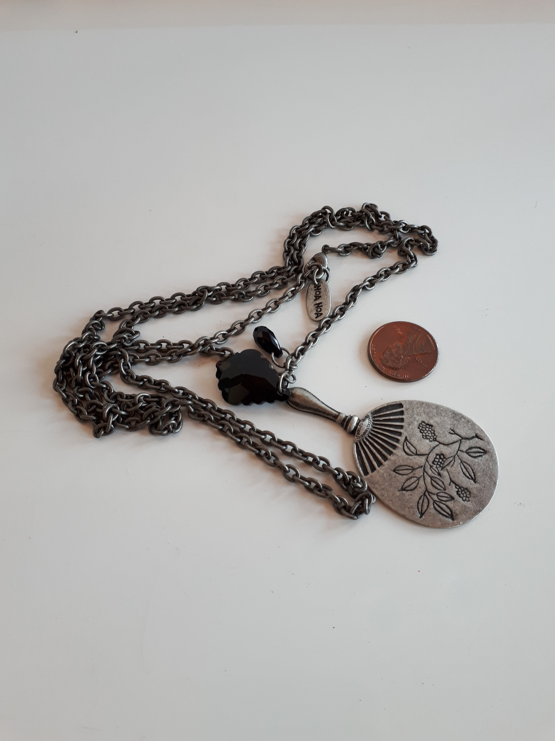 Vintage Signed NOA NOA Antiqued Silver Metal Oriental Fan Pendant 
