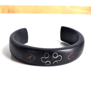 Vintage Tuareg African Mauritania carved black ebony wood sterling silver and copper wire fine pique inlay domed cuff bracelet
