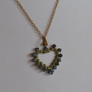 Antique Victorian blue paste rhinestone brass heart pendant necklace, romantic gift,