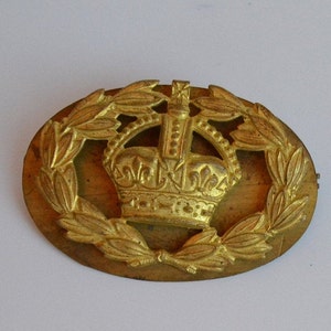 large Antique military oval brooch pin emblem shield with crown and bay laurel leafs