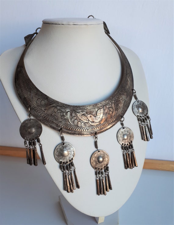 White Metal Miao Tribal Ceremonial Necklace On Stand White Metal Miao Tribal Ceremonial Necklace On Stand