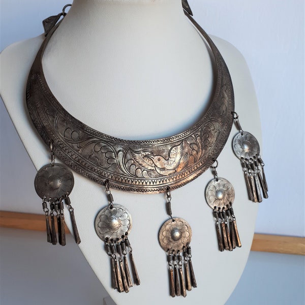 Huge Antique Chinese Tribal Hmong Miao silver plate brass ceremonial Torque Necklace with fringes hand etched runway