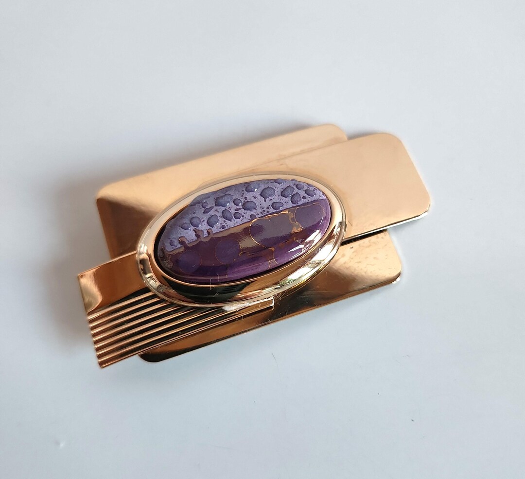 Unique Vintage Layered Shiny Gold Color Metal Purple Ceramic Cabochon ...
