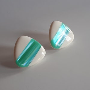 Vintage white lucite green blue iridescent inlay triangle shape stud earrings