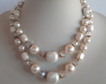 Vintage 50s white glass faux pearl and aurora borealis crystal 2 rows graduated beaded choker necklace