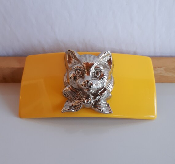 large Vintage yellow plastic rectangular hair bar… - image 3