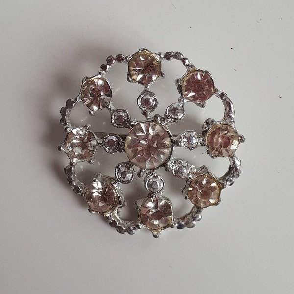 Vintage 40's Art Deco silver metal open work pave open back clear crystal rhinestones Snowflake Flower brooch pin