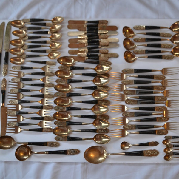 Vintage Chinese Hong Kong Flatware Silverware 81 pcs Set Carved Horn and Brass Immortal Longevity design