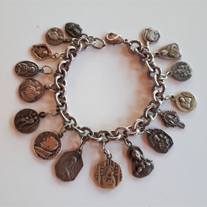 Charm bracelet with 16 pcs antique signed sterling silver religious saint medals, religious bracelet, Creed saint medal bracelet,
