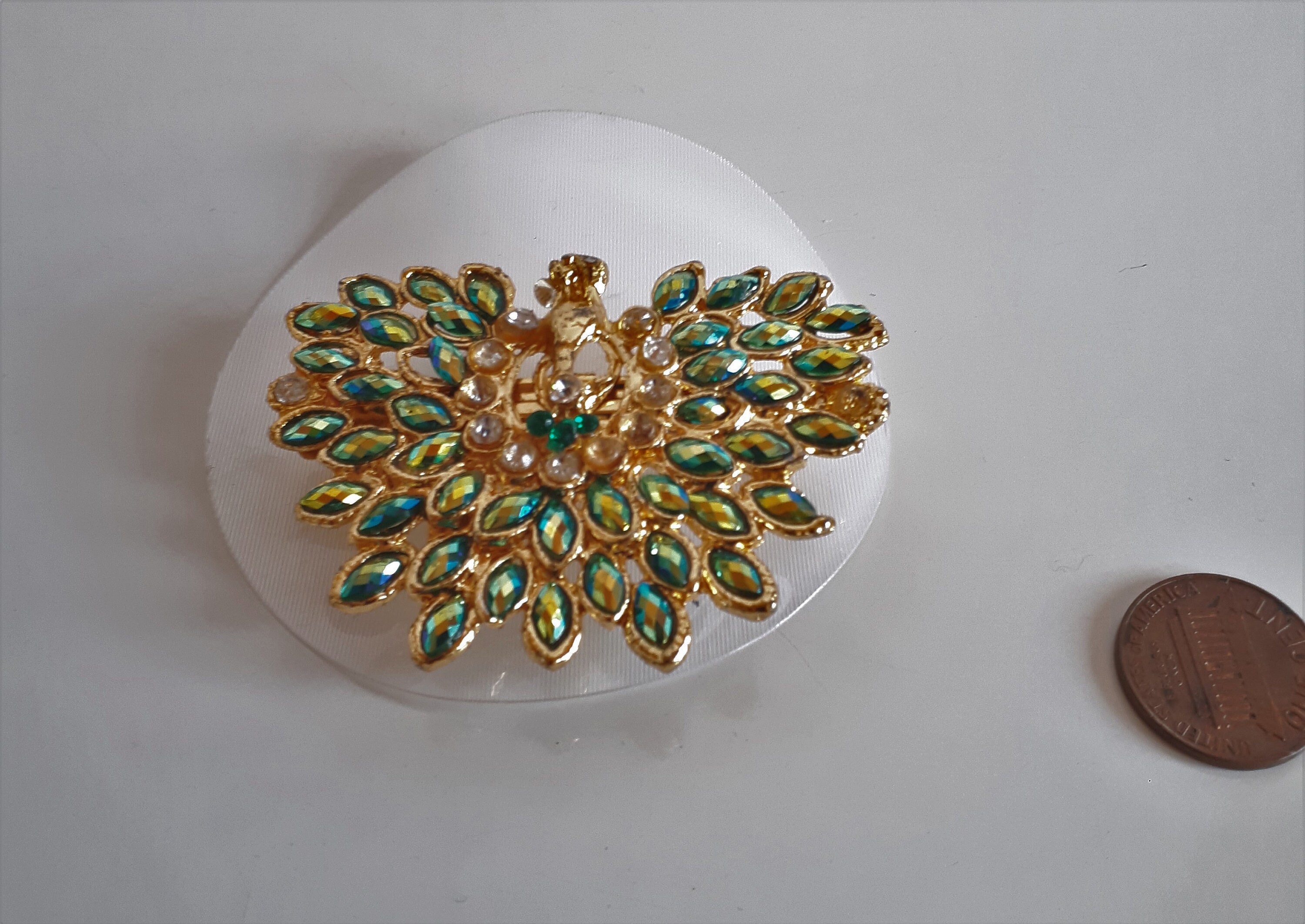 Vintage Peacock Hair Barrette Embellished Aura Borealis/Turquoise Crystal Leather Peacock Feather Barrettes in Shimmering Greens  main image 3