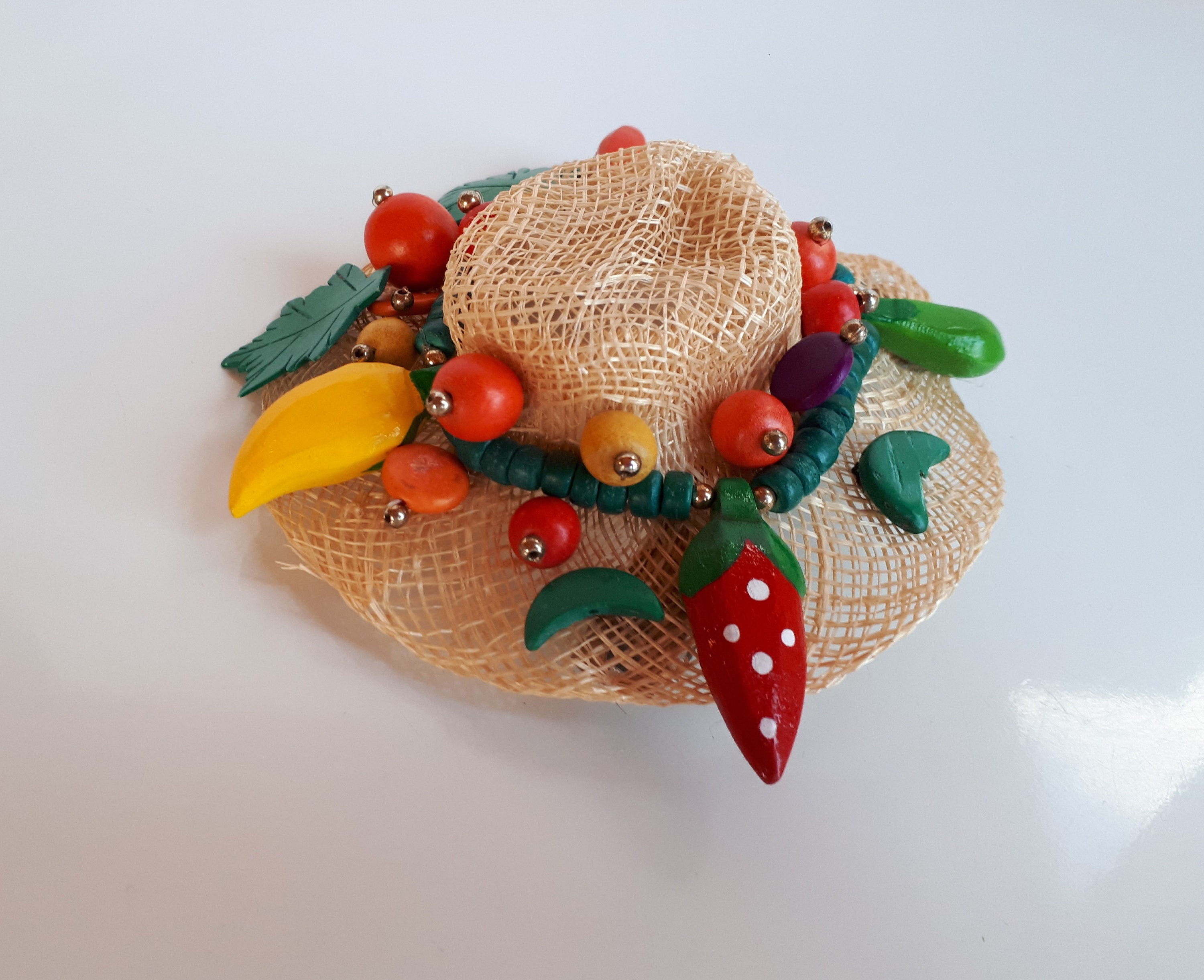 OOAK Vintage Woven Straw Summer Hat With Colorful Wood  display picture 1
