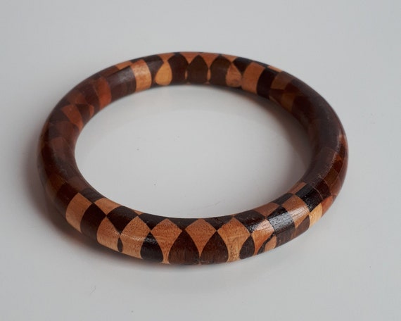 Vintage mixed wood marquetry mosaic bangle bracel… - image 1
